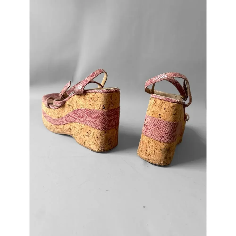 90s Mega Platform Sandal Pink Faux Snakeskin Leather Sz 8 Cork Wedge Square Toe